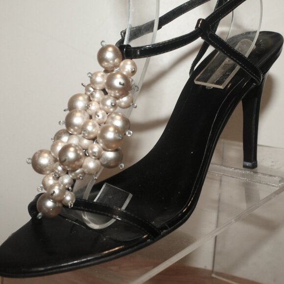 $299 Lenny e Cia Black Pearl Embellished Strappy Stiletto Heels Sandals 37 6.5 - Picture 2 of 8